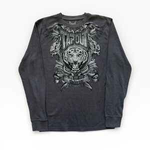 Vintage Y2K Grey TAPOUT Waffle Knit Long Sleeve Tiger ‘Believe’ Size Large